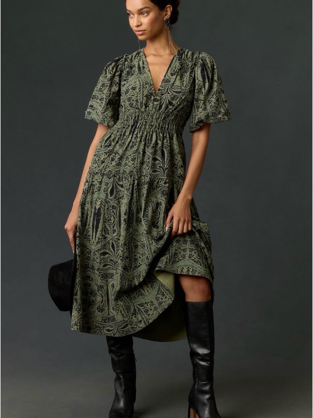 Pilco  Corduroy Rushed Printed Midi Dress